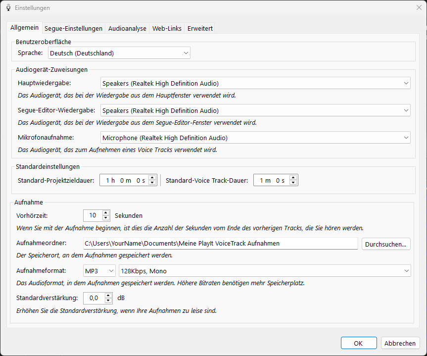 PlayIt VoiceTrack Einstellungen - Registerkarte Allgemein