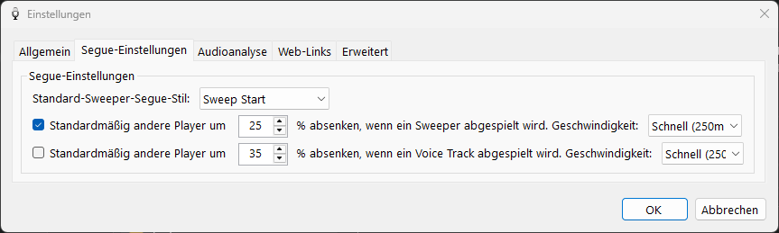 PlayIt VoiceTrack Einstellungen – Registerkarte „Segue-Einstellungen“