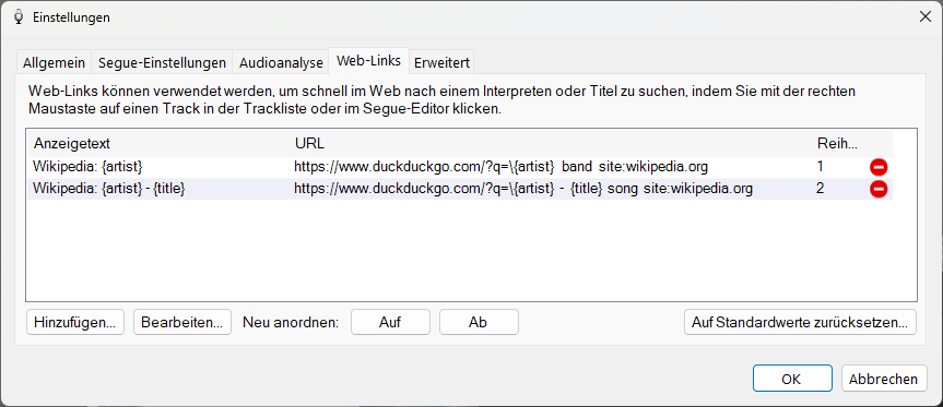 PlayIt VoiceTrack Einstellungen - Registerkarte „Web-Links“