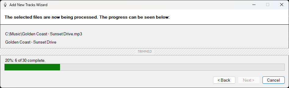 PlayIt VoiceTrack Add New Tracks Wizard progress page