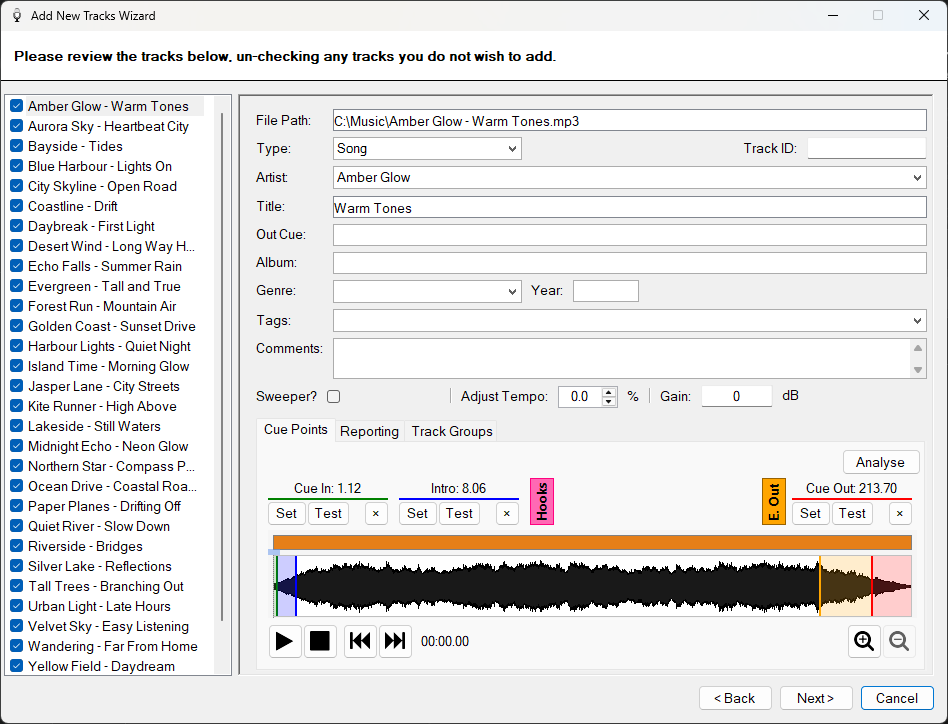 PlayIt VoiceTrack Add New Tracks Wizard review page