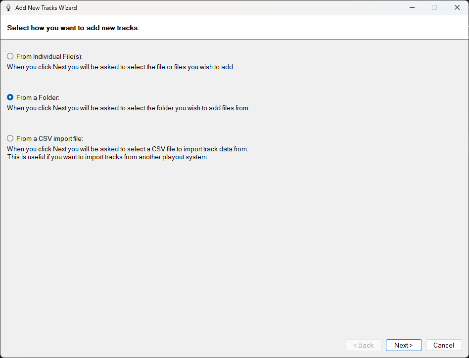 PlayIt VoiceTrack Add New Tracks Wizard source selection page