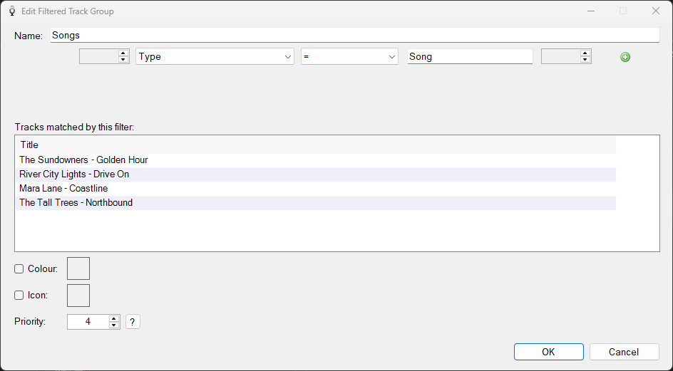 PlayIt VoiceTrack Edit Filtered Track Group window