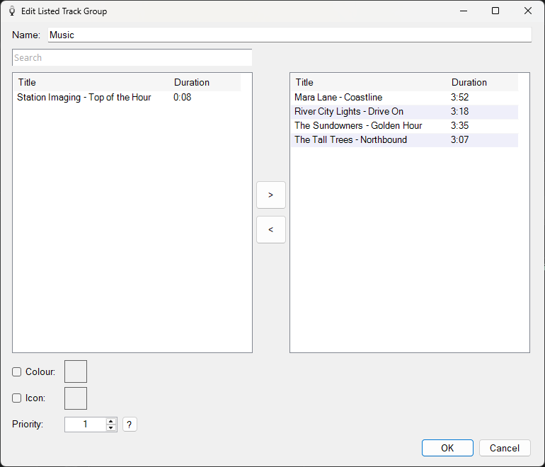 PlayIt VoiceTrack Edit Listed Track Group window