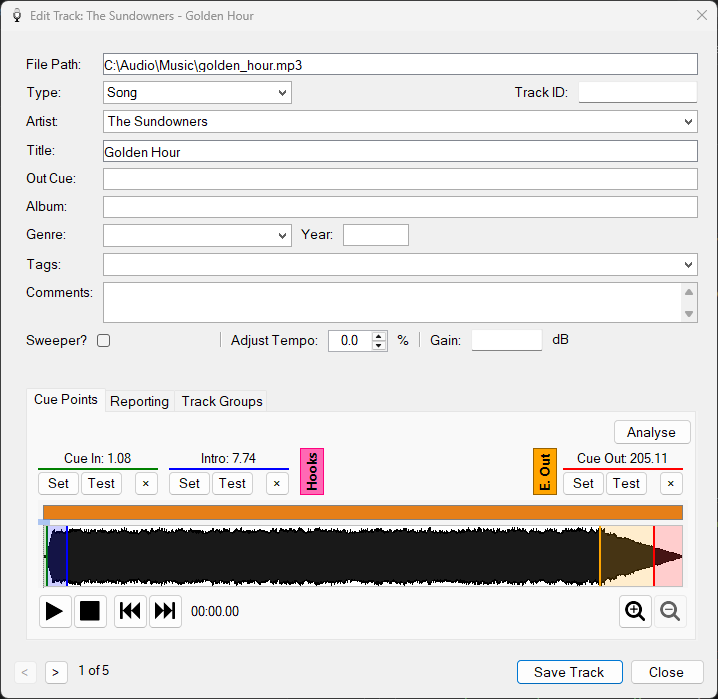 PlayIt VoiceTrack Edit Track window