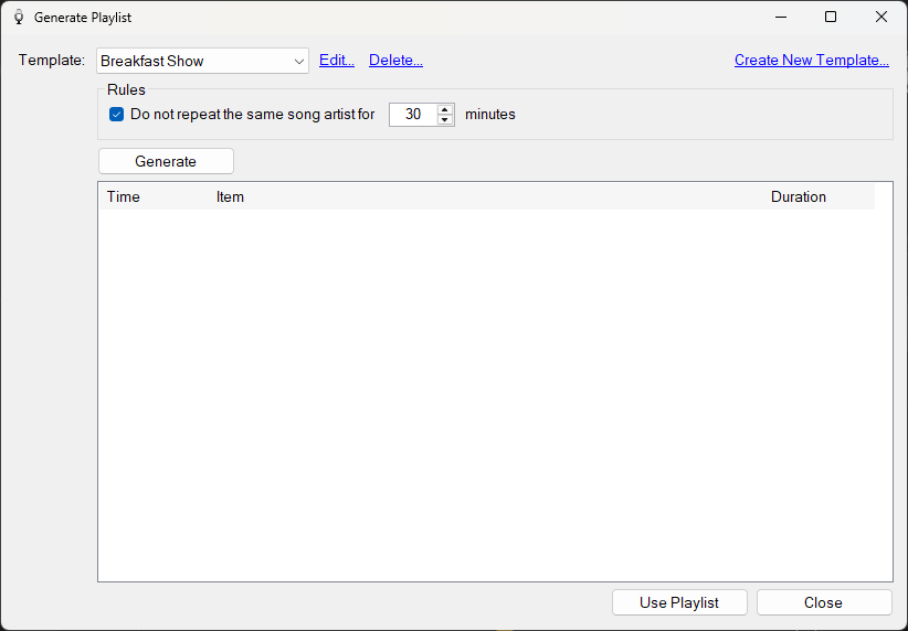 Generate Playlist window