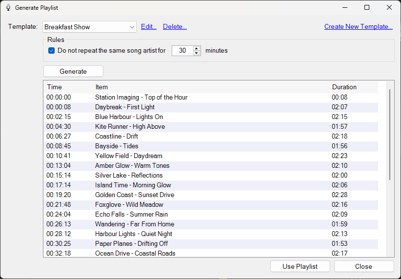 Generate Playlist window with generated items