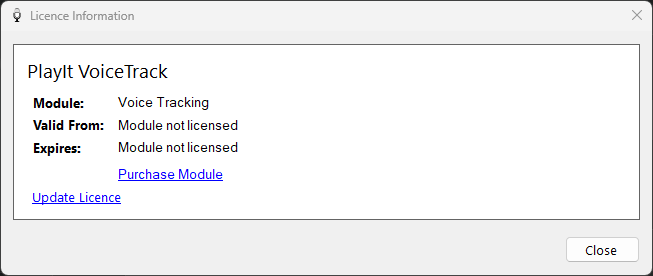 Licence Information window