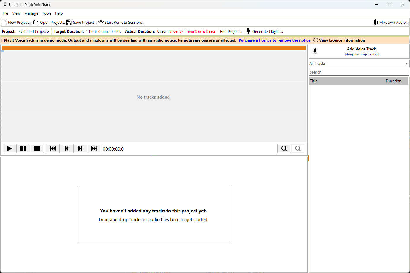 PlayIt VoiceTrack main window on first launch in demo mode