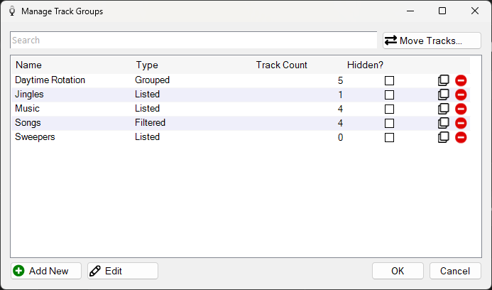 PlayIt VoiceTrack Manage Track Groups window