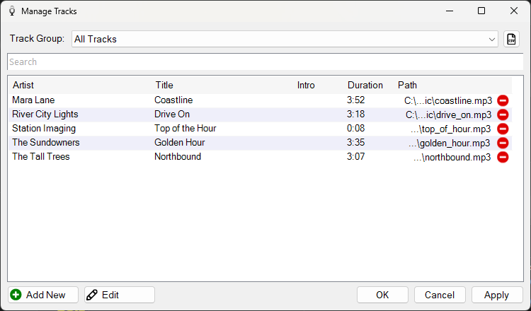 PlayIt VoiceTrack Manage Tracks window