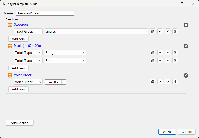 Playlist Template Builder window