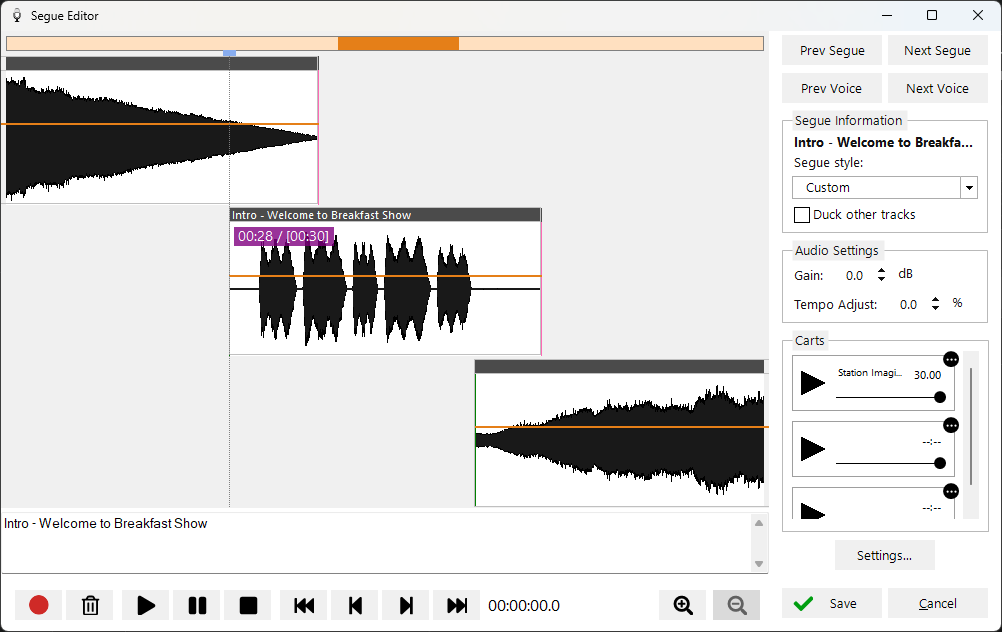 The segue editor recording a remote voice track