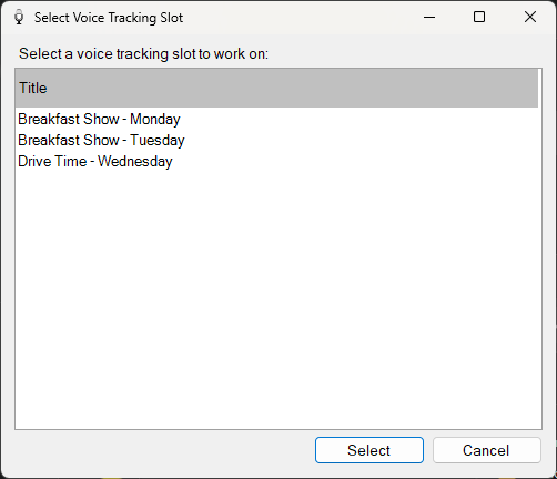 Select Voice Tracking Slot window