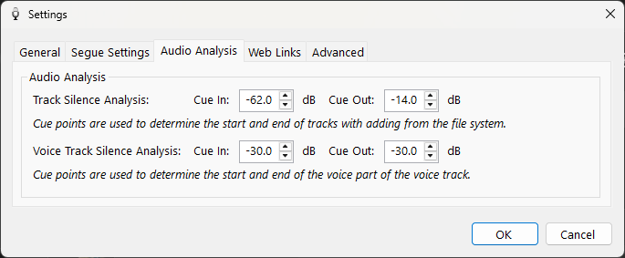 PlayIt VoiceTrack Settings - Audio Analysis tab