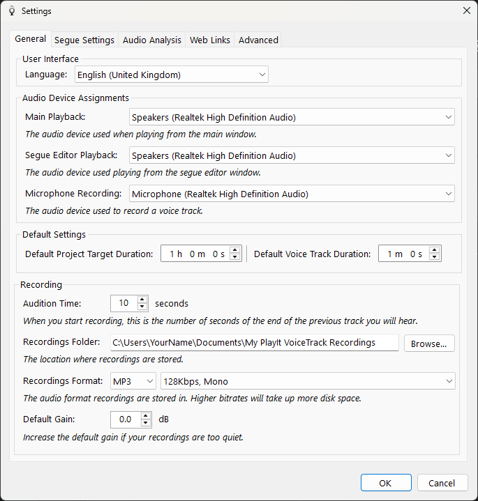 PlayIt VoiceTrack Settings - General tab