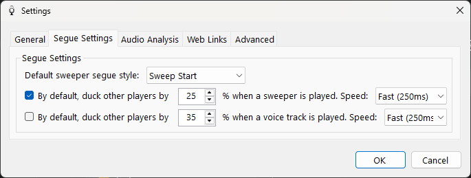 PlayIt VoiceTrack Settings - Segue Settings tab