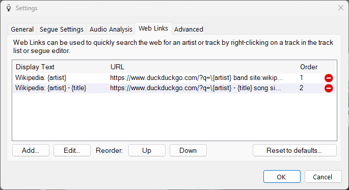 PlayIt VoiceTrack Settings - Web Links tab