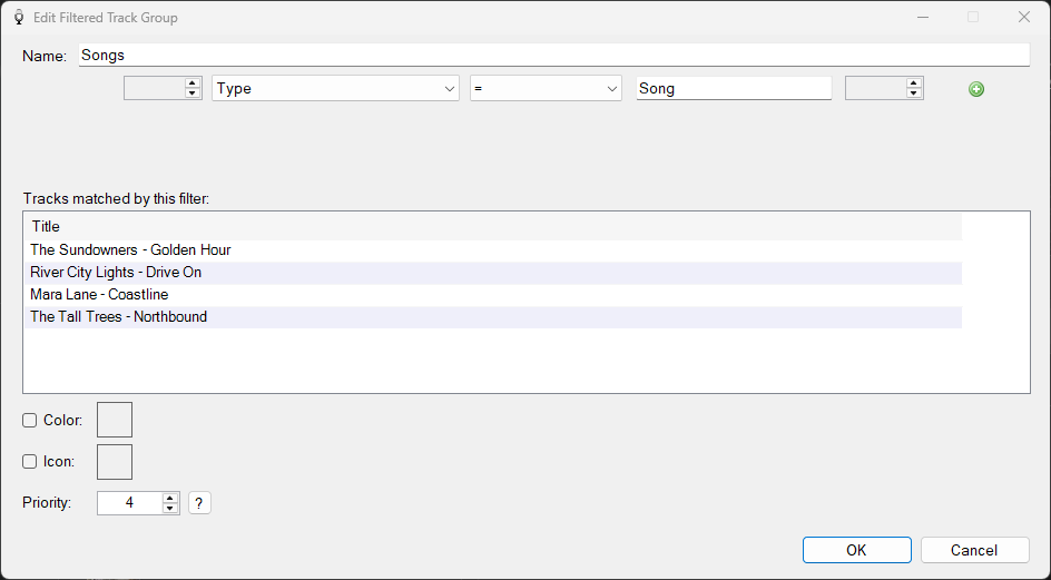 PlayIt VoiceTrack Edit Filtered Track Group window