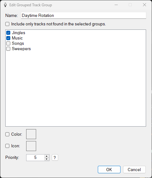 PlayIt VoiceTrack Edit Grouped Track Group window