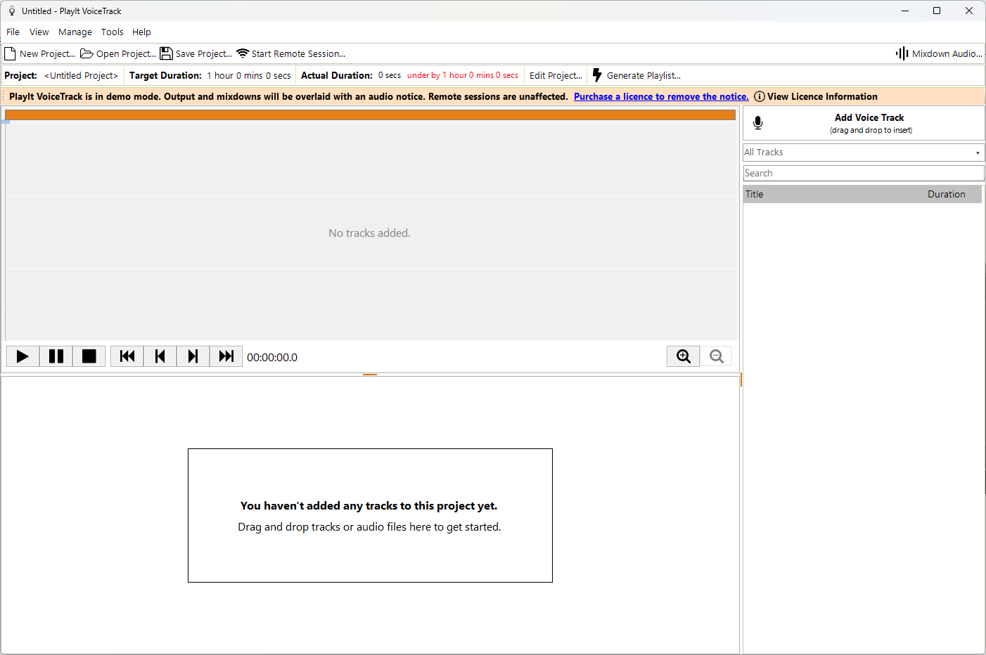 PlayIt VoiceTrack main window on first launch in demo mode