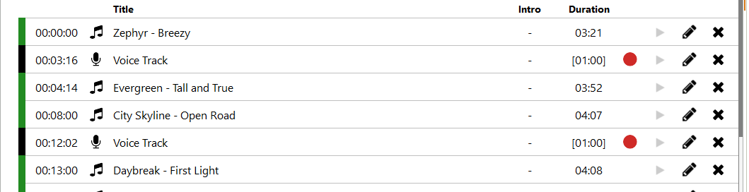 Playlist with blank voice track placeholders inserted between songs
