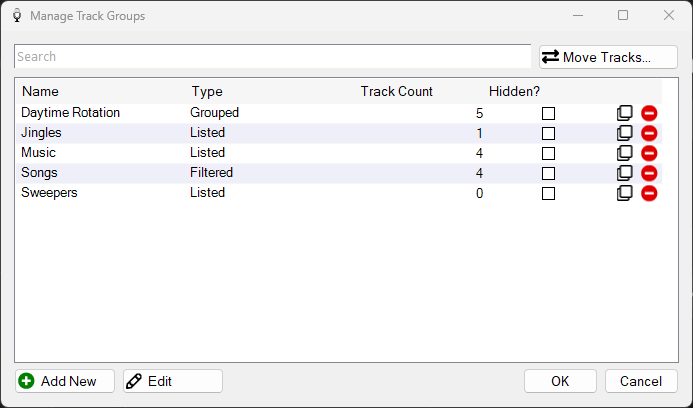 PlayIt VoiceTrack Manage Track Groups window
