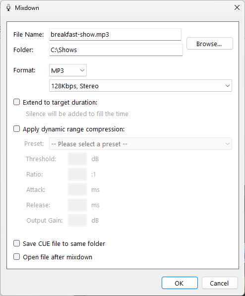 Mixdown Audio window