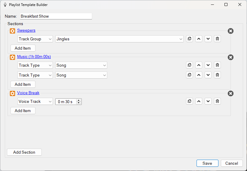 Playlist Template Builder window