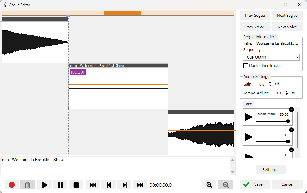 Segue Editor opened on a blank voice track ready to record