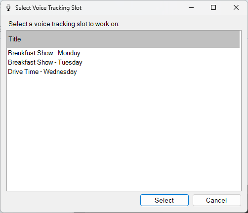 Select Voice Tracking Slot window