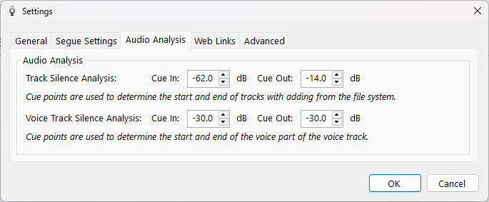 PlayIt VoiceTrack Settings - Audio Analysis tab