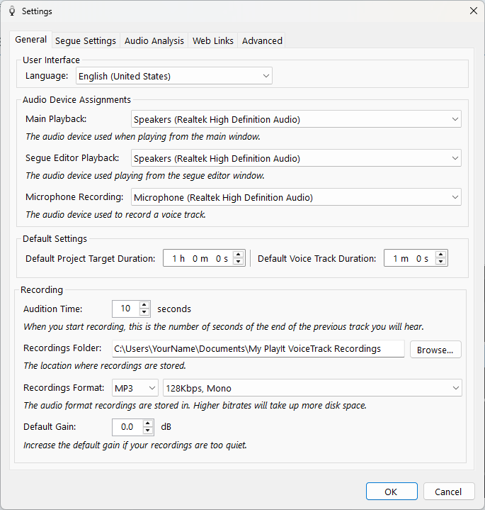 PlayIt VoiceTrack Settings - General tab