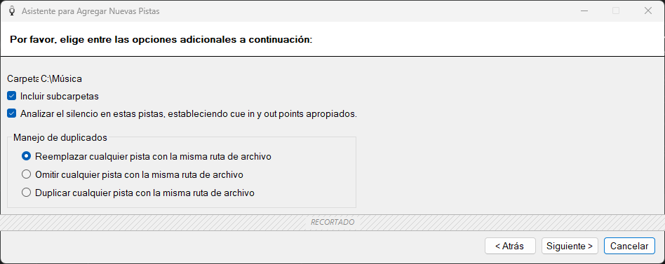 Página de opciones adicionales del Asistente para Agregar Nuevas Pistas de PlayIt VoiceTrack