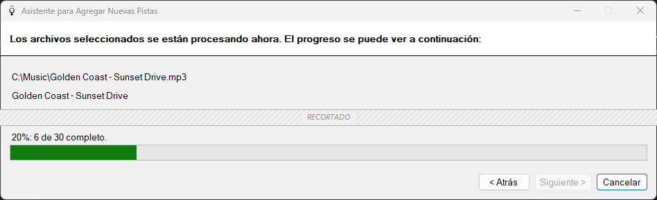 Página de progreso del asistente para agregar nuevas pistas de PlayIt VoiceTrack