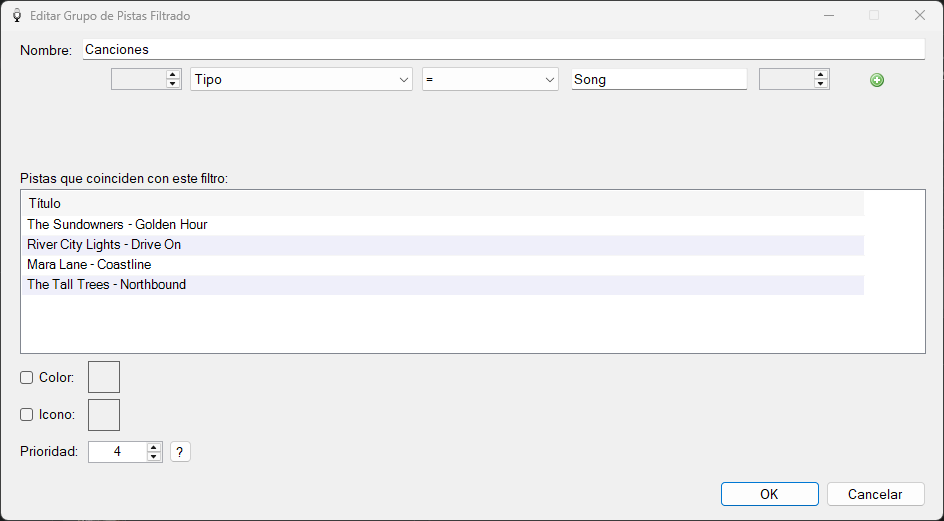 Ventana Editar Grupo de Pistas Filtrado de PlayIt VoiceTrack