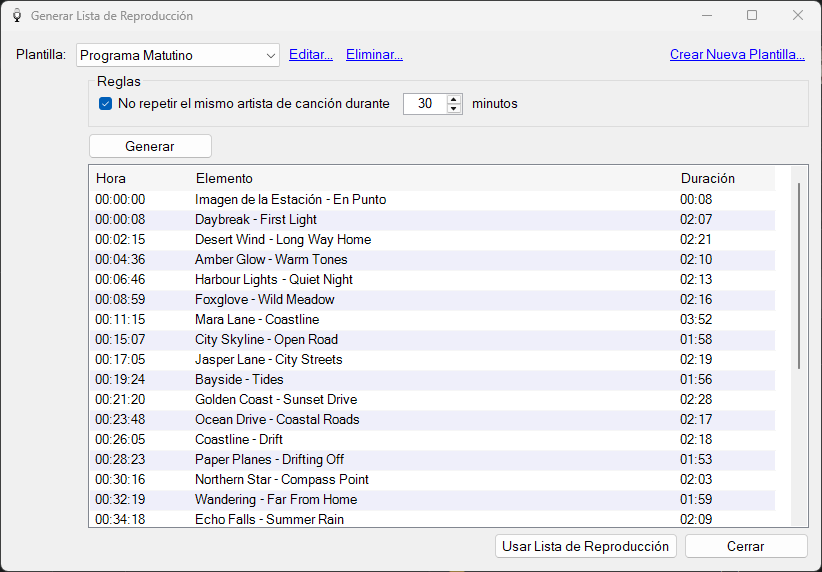 Ventana Generar Lista de Reproducción con elementos generados