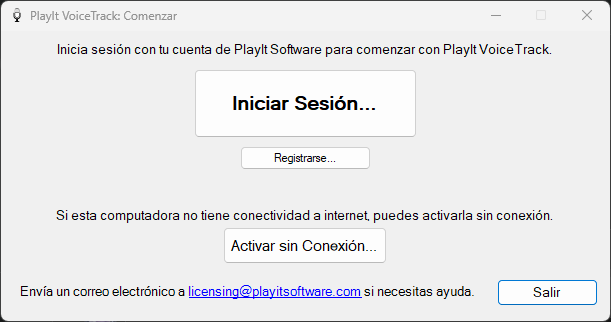 Ventana Comenzar de PlayIt VoiceTrack