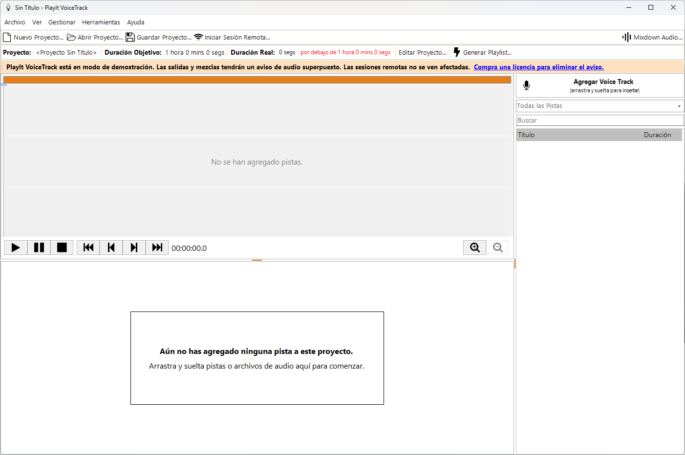 Ventana principal de PlayIt VoiceTrack al primer inicio en modo demostración