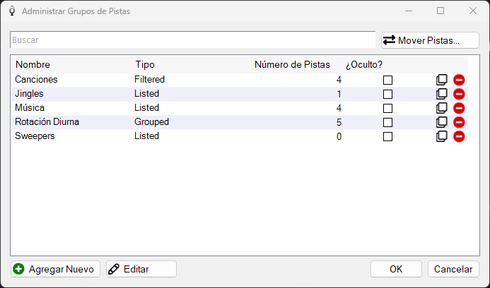 Ventana Administrar Grupos de Pistas de PlayIt VoiceTrack