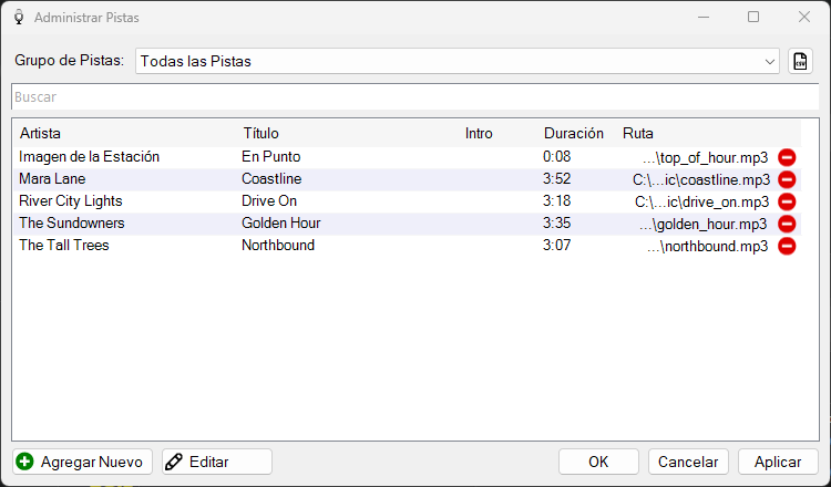 Ventana Administrar Pistas de PlayIt VoiceTrack