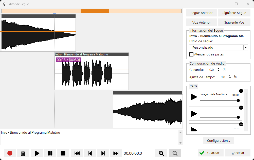 El Editor de Segue grabando un Voice Track remoto