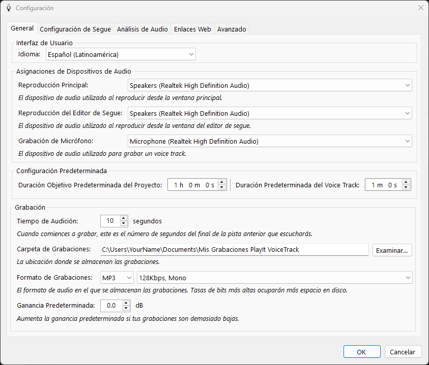 Configuración de PlayIt VoiceTrack - pestaña General