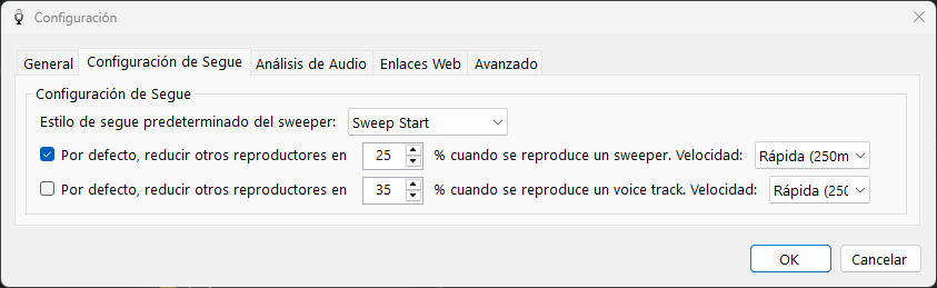 PlayIt VoiceTrack Configuración - pestaña Configuración de Segue