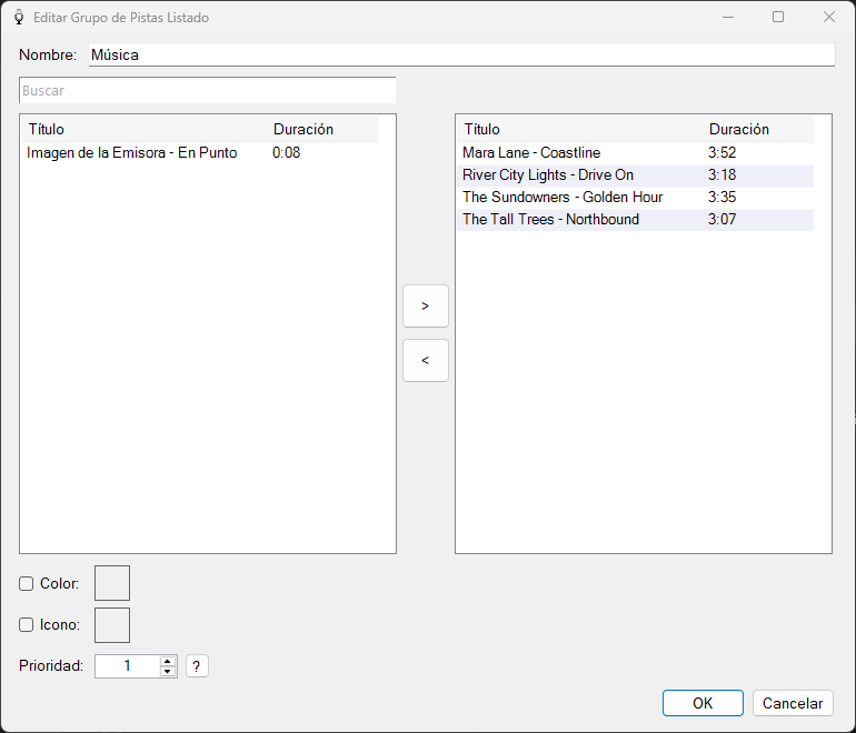 Ventana Editar Grupo de Pistas Listado de PlayIt VoiceTrack