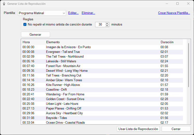 Ventana Generar Lista de Reproducción con elementos generados
