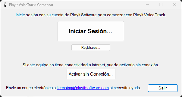 Ventana Comenzar de PlayIt VoiceTrack