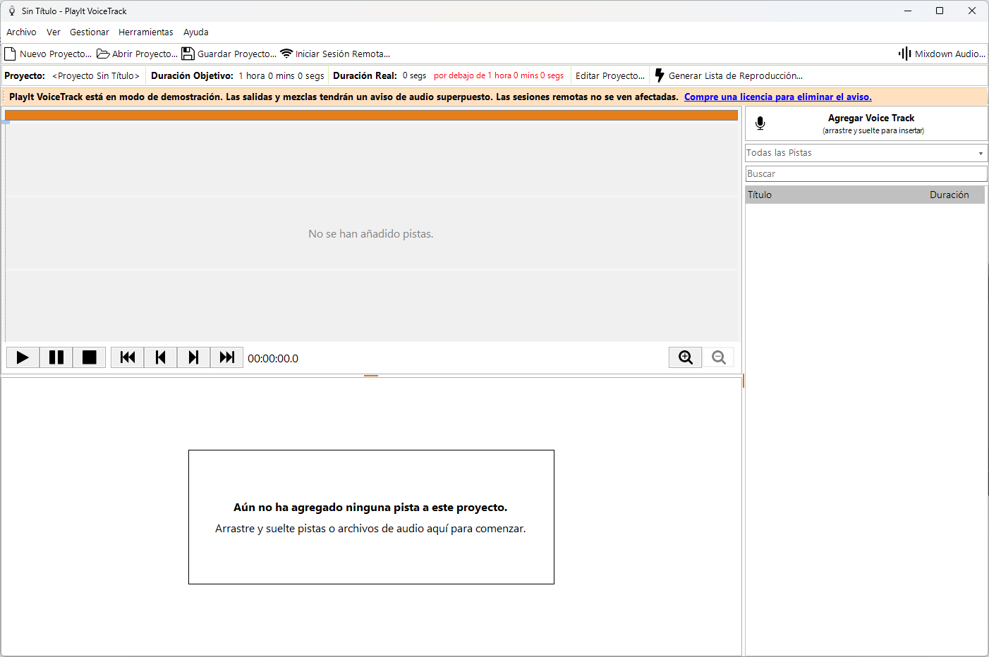 Ventana principal de PlayIt VoiceTrack al primer inicio en modo demostración