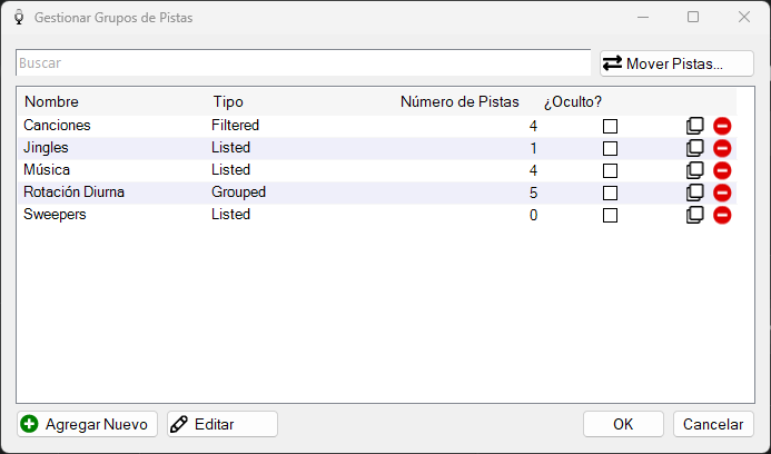 Ventana Gestionar Grupos de Pistas de PlayIt VoiceTrack