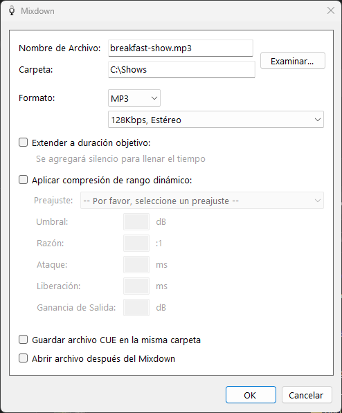 Ventana de Mixdown Audio